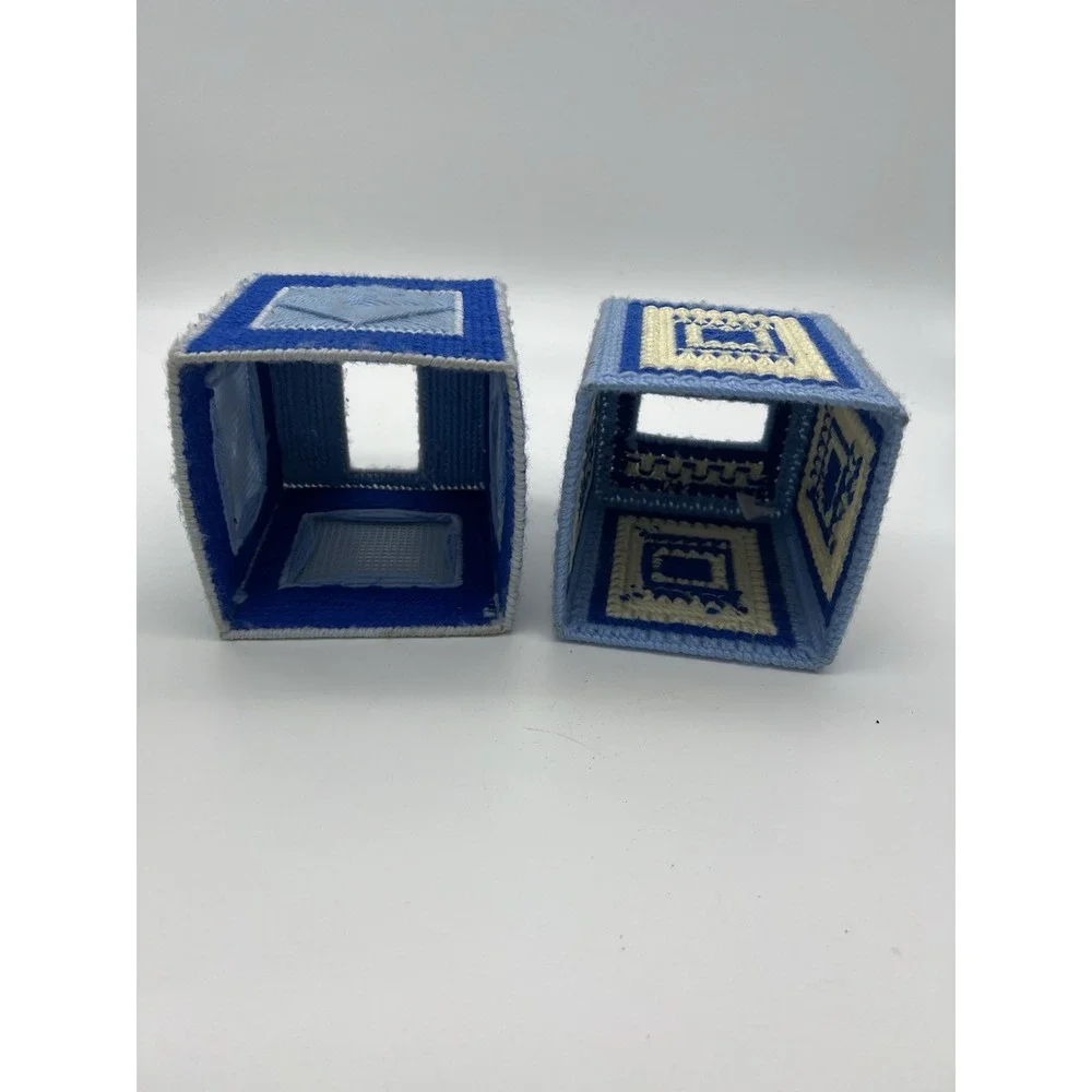 Vintage NEEDLEPOINT TISSUE BOX COVER LOT blue Finished Art MCM Grannycore decor